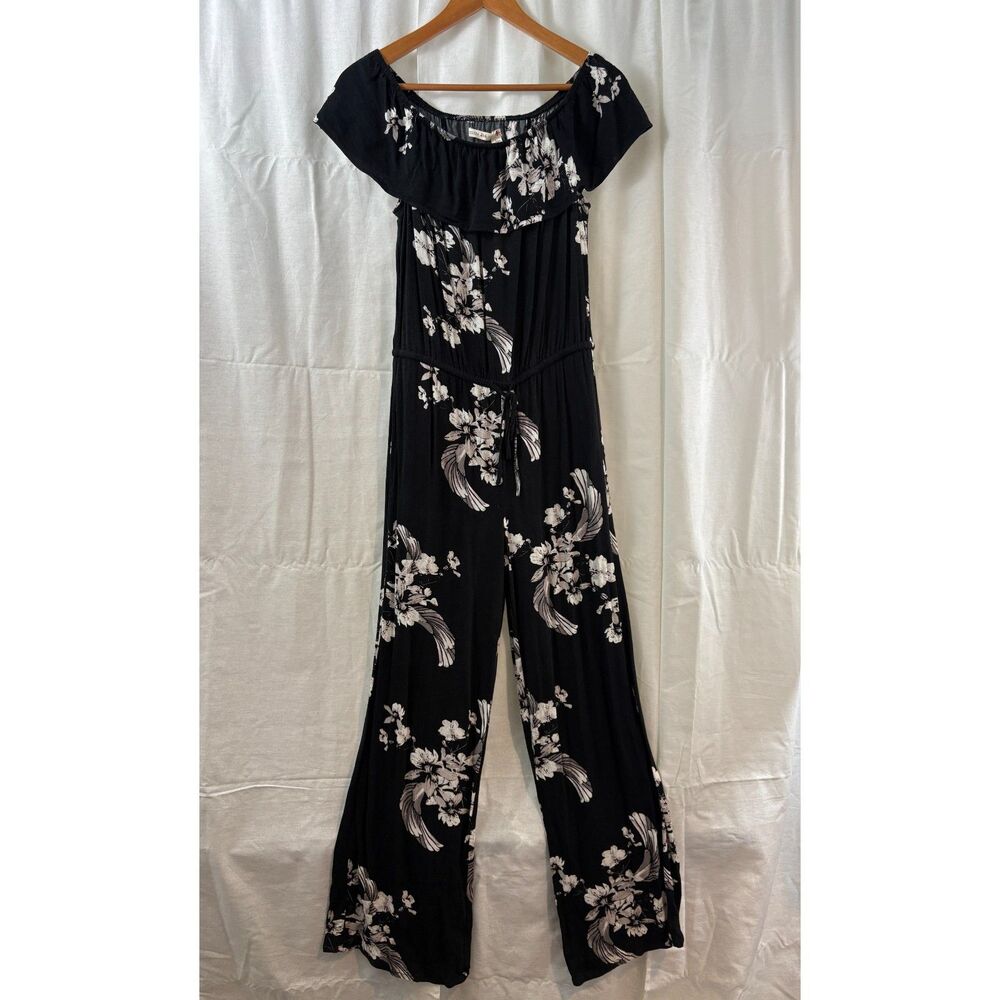 Women's Black Floral Off Shoulder Wide Leg Jumpsuit Size L Ruffle Boho
